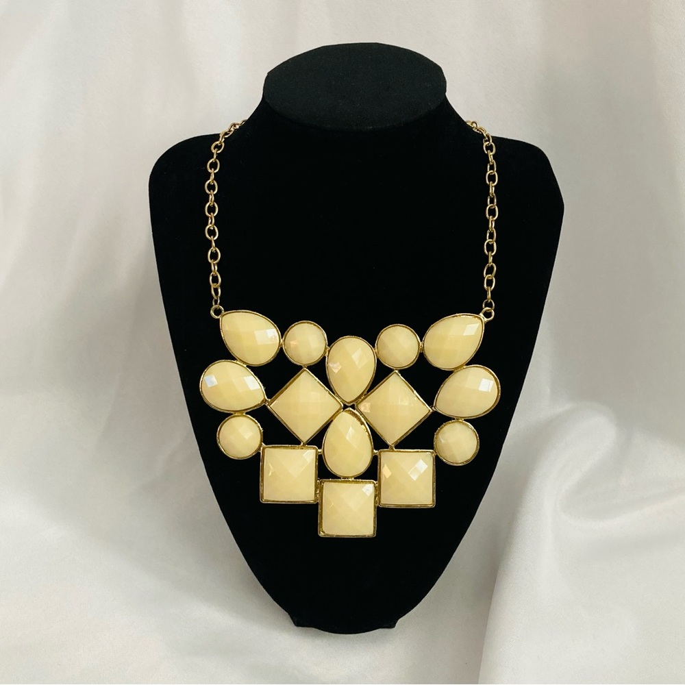 MS Accessories Cream Acrylic Faux Gems Statement Necklace Gold Chain